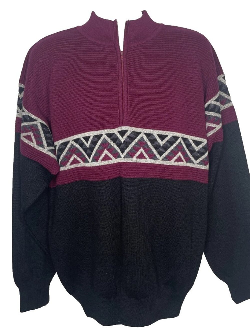 Vintage 90s OSSI 1/2 Zip Ski Sweater Size L Wool Blend Burgundy Black Colorblock